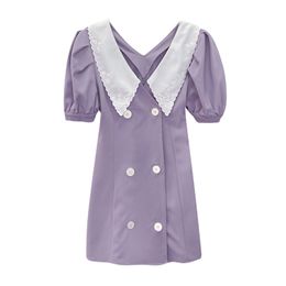 Violet Turn Down Collar Double-breasted Button Short Sleeve Mini Dress Elegant Solid Summer Women Female D1784 210514