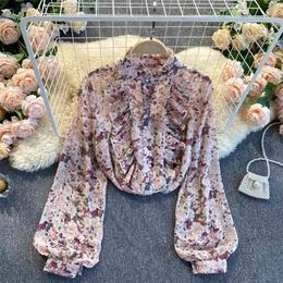 Lady Chiffon Long Sleeve Shirt Women's Fashion Fold Ruffle Slim Fit Retro Floral Print Elegant Blouse Tops Q851 210527