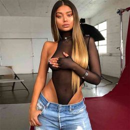 Women Summer Sexy Bodysuits One Shoulder Mesh Black Solid Transparent Tops Romper Sheer Turtleneck Long Sleeve 210517