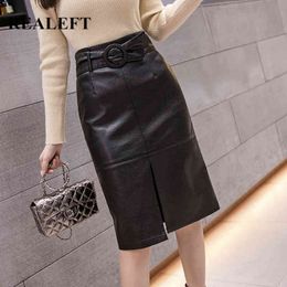 Autumn Winter Black PU Leather Skirts Elegant Pencil Midi Skirt High Waist Front Split Sheath Wrap with Belt 210428