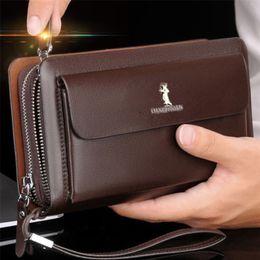 men's wallet double zipper Retro luxury clutch bag leather Organizer big capacity passport cover male porte feuille homme 220301