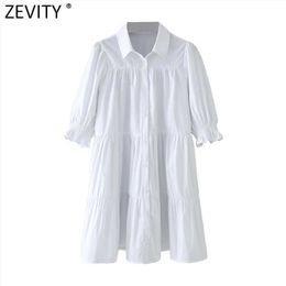 Zevity Women Turn Down Collar Pleats White Shirt Dress Chic Puff Sleeve Office Lady Vestido Business Mini Dress DS4981 210603