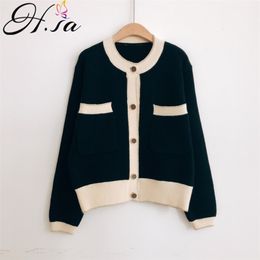 Fall Fashion Women Winter CLothese Black White Elegant Sweater and Cardigans Long SLeeve Button Up Knit Coat OL Jacket 210430