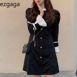Ezgaga Elegant Dress Women Winter Spring O-Neck Fashion Patchwork Long Sleeve Slim Waist Black Sweet Vinatge Dress Vestidos 210430