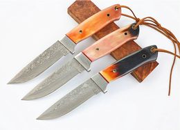 On Sale Damascuss Survival Straight Hunting Knife VG10 Damascus Steel Drop Point Blades Cow Horn Handle Fixed Blade Knives With Leather Sheath