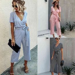 Jumpsuits Women Stripe Printed Lace Up Pocket V Neck Short Sleeve Long Wide Leg Rompers Summer Casual Loose Overalls Female 210507