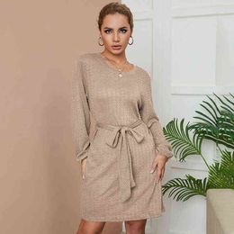 Elegant Solid Knitted Mini Dress Casual OL Style Dress Women Autumn Long Sleeve Warm Sweater Round Neck Loose Party Pencil Dress Y1204