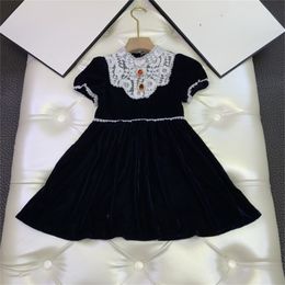 Classice Girls Embroidery A-line Dress for Kids Luxury Black Velvet with Gem Elegant Evening High Quality Clothes 210529