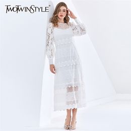 White Patchwork Lace Women's Dress O Neck Lantern Sleeve High Waist Black Dresses Female Fashion Clothing 210520