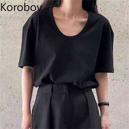 Korobov Summer New Korean Elegant Women T Shirts Vintage Solid O Neck Short Sleeve Female T Shirt New Fashion Tee Tops 210430