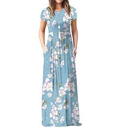 2021 Summer Maxi Floral Dress Women Long Party Wear Ladies Loose Pocket Short Sleeve Casual Dresses Robe Femme Sundress