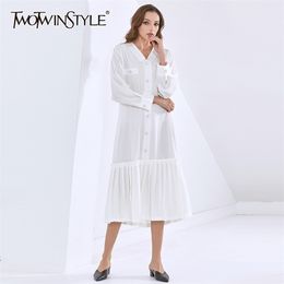 Patchwork Pleated Casual Dress For Women V Neck Long Sleeve Loose Dresses Female Fashion Clothing Autumn 210520