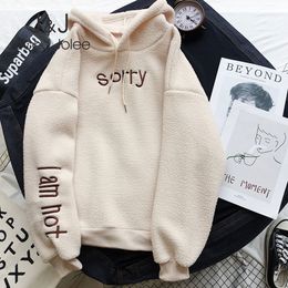 Autumn Winter Coat Pink Sweet Hooded Letter Harajuku Loose Pocket Hoodies Womens Fleece Flannel Pullover Female Sweatshirt 210518