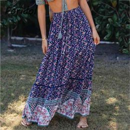 Floral Print Bohemian Long Skrits Womens High Waist Blue Hollow Out Maxi Skirt A-line Summer Casual Bottoms 210427