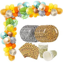 Party Decoration 1Set Leopard Disposable Tableware Wild Animals Safari Jungle Leaves Balloons Kids Birthday Digital Balloon Supplies