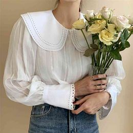 Autumn Gentle Double Layer Doll Collar Open Top Heavy Industry Three-dimensional Chiffon Loose Lantern Sleeve Shirt GX1347 210507