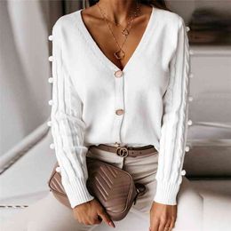 Sexy V-neck Knitted Women Cardigan Casual Solid White Long Sleeve Sweater Autumn Winter Ladies Tops 210427