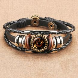 bracelet gems UK - Charm Bracelets Unisex Metal Glass 12 Constellation Bracelet Aquarius Leather For Women Men Time Gem Antique Brass Gift