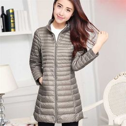 Autumn Winter Women White Duck Down Jacket Female ultra Light Slim Thin Zipper Warm Feather Long Coat Good Quality 4XL 211018