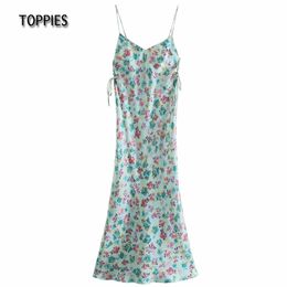 Toppies Summer Camis Dress Woman Sleeveless Maxi Dress Chic Floral Printing Sundress Side Lace Up Bow 210412