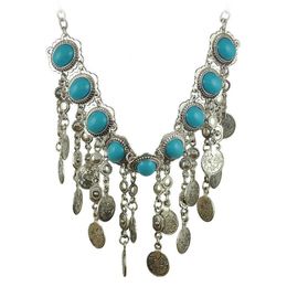 Bohemia Blue Resin Beads Gems Dangle Coin Statement Necklace Turkish Gypsy Ethnic Tribal Belly Dance Jewellery