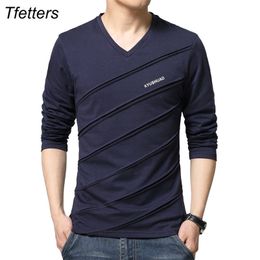 TFETTERS Brand T Shirt Men Twill Design V-Collar Long Sleeve T-Shirt Plus Size T-shirt Slim Cotton Tops Tees Camisetas Male 210409