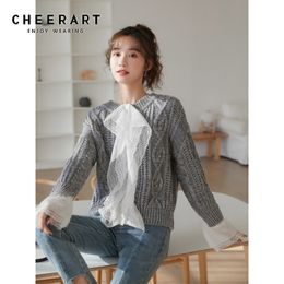 Winter Woman Sweaters Grey Long Sleeve Crewneck Pullover Jumper Knitted Patchwork Lace Cute Sweater Korean Fashion 210427