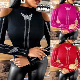 rhinestone studs for clothing Canada - Women's T-Shirt Sexy Fashion T-shirts Cold Shoulder Butterfly Pattern Rhinestone Studded Top Gothic Clothes Women Pulovers