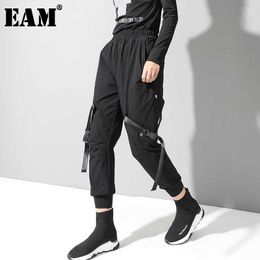 [EAM] High Elastic Waist Black Brief Buckle Harem Trousers New Loose Fit Pants Women Fashion Tide Spring Summer 2021 1U147 Q0801