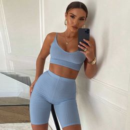 Karlofea Women Slim Knitted Ribbed Set Summer Short Vest And Bike Shorts 2 Piece Matching Suit Casual Lounge Wear Outfits Sets Y0702