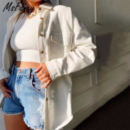Msfancy Corduroy Shirt Coat Women White Long Sleeve Single Breasted Mujer Vintage Jacket Streetwear 211014