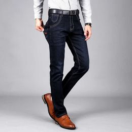 Man Jeans High Stretch Straight Long Slim Trousers Fashion Casual Black Blue Denim Male Business Jeans wear Pants X0621