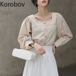 Korobov Korean Harajuku Blouse Women Single Breasted Long Sleeve Shirts Elegant Fashion Loose Tops Square Collar Blusas Mujer 210430