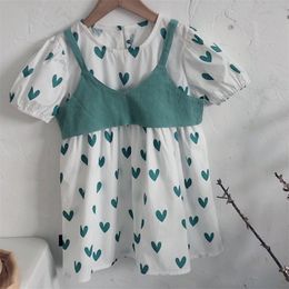 Summer Light Dresses Two-Piece Heart-Shaped Print Dress For Girls Kids Clothes Ggirls Clothing Sets Children 210528