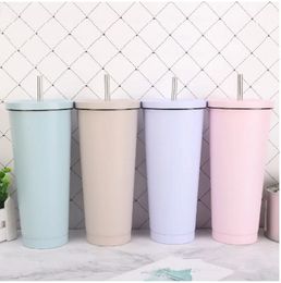 750ML 304Stainless Steel Straw Cup Large Capacity Vacuum Solid Colour Coffee Mug Tumbler Cup
