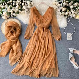 Chiffon Women Party Dress Long Sleeve Fashion Lady Chic Holiday Dresses Spring Autumn Maxi Vestidos with Scarf 210601