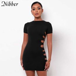 Nibber Criss Cross Bandage Mini Dress For Women Sexy Solid Sheath Unique Side Hollow Out Bodycon Short Sleeve O-Neck Clubwear Y0726