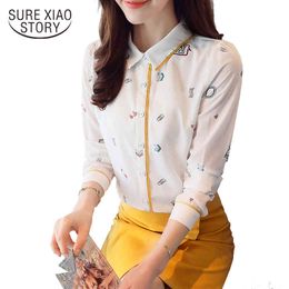 Spring Female Long Sleeved Women Doll Collar Blouse Fashion Printed Chiffon Floral Slim Shirt D270 30 210415