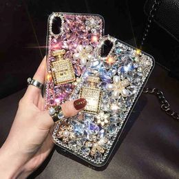 Crystal Gem Diamond luxury designer phone cases iphone 11 pro max 12 ProMax 13 Mini Xr Xs X SE 7 8 Plus 6s 6 Rhinestone Perfume Bottle Lanyard fashion cellphone case