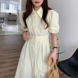 French retro gentle small lapel single-breasted waist slimming puff sleeve mid-length dress in four Colours for women 210429