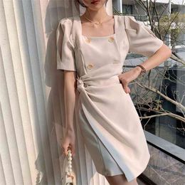Spring Elegant Women Puff Sleeve Office OL Irregular Dress Korean Double Breasted Square Collar Chic Party Vestidos 210519