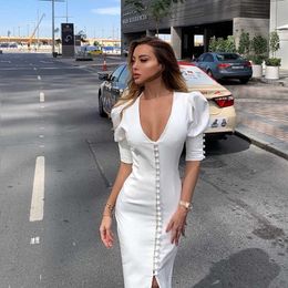 Ladies Elegant Pearl Single Breasted Dress Autumn White Vestidos Sexy Deep V Neck Puff Half Sleeve Bodycon Beach Split Dresses 210709