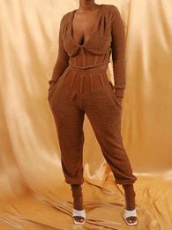 Fleece Long Sleeve V-Neck Women Set Tracksuit Autumn Winter Solid 2 Pieces Patchwork Crop Top Jogger Pants Outfits 210517