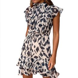 Print Dress For Women Summer Plus Size Ruffle Sleeves Leopard Waist Slim Casual Dresses Femeal LR1086 210531