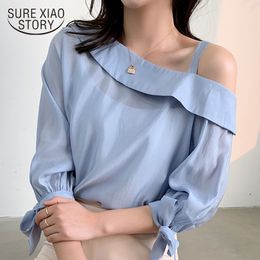 Autumn Korean Feminine Chiffon Blouses Shirt Ladies Tops Bow Skew Collar Nine Quarter Sleeve Women Shirts 5683 50 210417