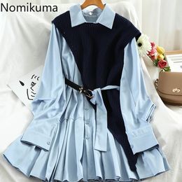 Nomikuma Spring Korean Women 2piece Sets Knitted Vest + Pleated A-line Blouse Dress Fashion Elegant Two Piece Suits 6D870 210427