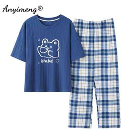 Summer Loungewear Women Pijamas Cotton Shorts Texture Blue Plaid Young Ladies Korean Pyjamas Fashion Woman Pyjama Set 210830