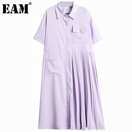 [EAM] Women Purple Pleated Pocket Big Size Shirt Dress Lapel Short Sleeve Loose Fit Fashion Spring Autumn 1DD8661 21512