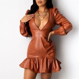 Foridol PU Leather Short Bodycon Brown Dress Women Vintage Spring Autumn V Neck Ladies Sexy Bodycon Dress Vestidos 210415