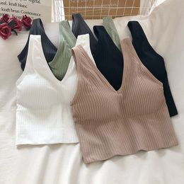 Pearl Diary Bra Tops Summer V Neck Rib Crop Tank Top With Detachable Bra Pads Sleevelss Solid Color BacklSporty Bra Top X0507